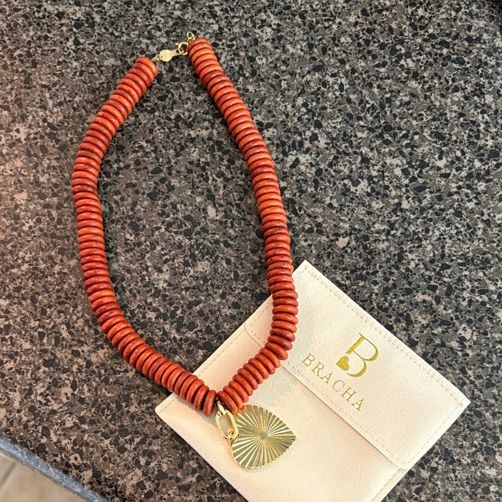 Red Beaded Necklace with Gold Heart Pendant - Picture 2 of 4